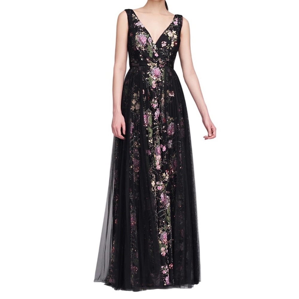 Theia Toni Black Zinnia Floral Beaded Tulle Evening Gown Size 4 NWT